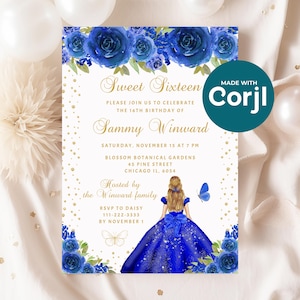 Modello digitale per la festa dei sedici anni o del compleanno della principessa con capelli biondi e floreali blu reale