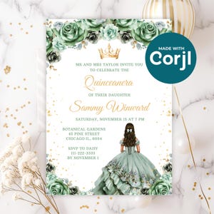 Sage Green Princess Floral Quinceañera or Sweet Sixteen Invitation Digital Template