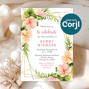Tropical Jungle Floral Birthday Party Invitation Digital Template