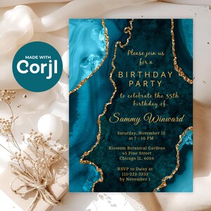 Modèle numérique d'invitation de fête d'anniversaire en agate bleu sarcelle et or ou invitation Sweet Sixteen ou Sweet Sixteen