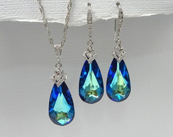 Bermuda Blue Jewelry Set, Blue Necklace and Earrings Set, Wedding Jewelry Set, Swarovski Bermuda Blue, Blue Necklace, Blue Earrings