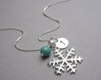Snowflake Necklace, Sterling Silver, Personalized, Initial, Christmas Gift, Winter Wedding Necklace, Gift for Daughter, Silver Snowflake