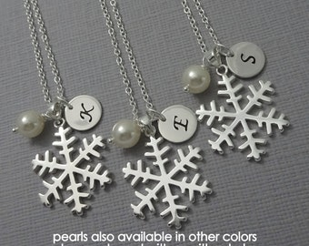 Snowflake Necklace, Sterling Silver, Silver Necklace, Winter Wedding Necklace, Bridesmaid Gift, Christmas Gift, Initial Necklace