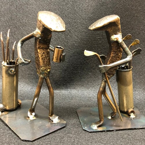 Golfers in Cart - Leisurely Golf Railroad Spike Sculpture main image 1