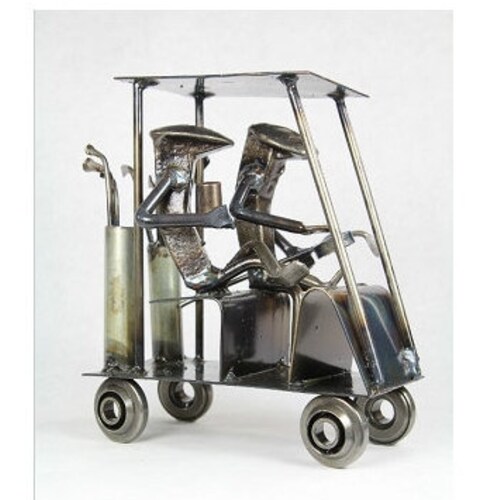 Golfers in Cart - Leisurely Golf Railroad Spike Sculpture main image 0