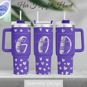 May include: Three purple stainless steel tumblers with silver handles and lids. Each tumbler has a silver heart pattern and a silver inscription. The inscriptions read "faith", "hope", and "love" with bible verses below each word.