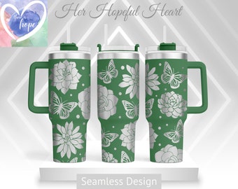 May include: Green stainless steel travel mug with a handle and a lid. The mug has a seamless design featuring silver butterflies and succulents.