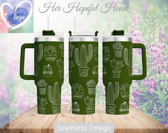 May include: Green travel mug with a cactus and succulent design. The mug has a handle and a lid. The text "Her Hopeful Heart" is at the top of the image. The text "Seamless Design" is at the bottom of the image.