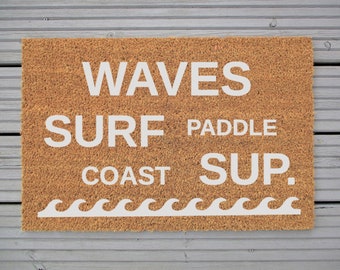 Waves Surf Sup Beach Door Mat, FREE UK POSTAGE, Coir Door Mat, Welcome Mat, Beach Decor, Paddle Sup, Surf Decor, Beach Hut Mat, Unique Gift