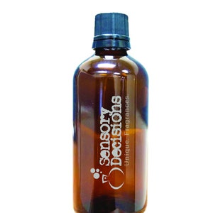 May include: A brown glass bottle with a black lid. The bottle is labelled "sensory decisions" and "Unique Fragrances".