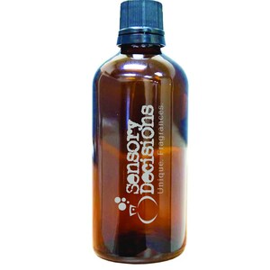 May include: A brown glass bottle with a black lid. The bottle is labelled "sensory decisions" and "Unique Fragrances".