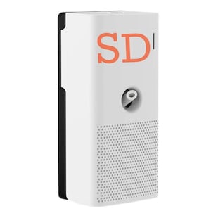 May include: A white rectangular device with a black side panel. The device has a perforated lower section and a circular opening near the top. The letters "SD" are printed in orange on the front.