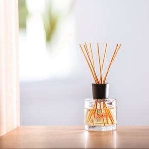 Könnte beinhalten: Eine klare Glasdiffuserflasche mit schwarzem Deckel und Holzstäbchen. Die Flasche enthält eine gelbe Flüssigkeit und hat den Text "Sensory Decisions" auf der Vorderseite.