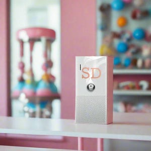 May include: A white speaker with a pink and white box. The speaker has a small button on the front and a grid pattern on the front. The box has the text "iSD" on the front.