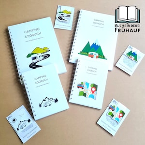 Könnte beinhalten: Weiße, spiralgebundene Camping-Logbücher und magnetische Lesezeichen. Die Logbücher zeigen Illustrationen von Wohnwagen, Bergen und Karten. Der Text "CAMPING LOGBUCH" ist auf den Einbänden aufgedruckt.