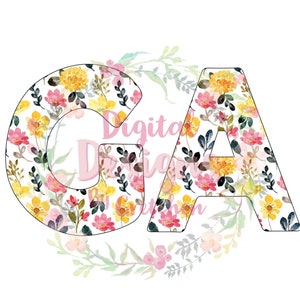 Może przedstawiać: Litery "GA" z kwiatowym wzorem na białym tle z kwiatowym wieńcem wokół liter.