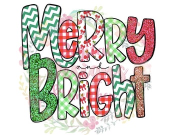 Op de afbeelding: Een feestelijk kerstontwerp met de woorden "Merry and Bright" in groene, rode en witte gepatroneerde letters. De letters zijn versierd met strikken en harten.