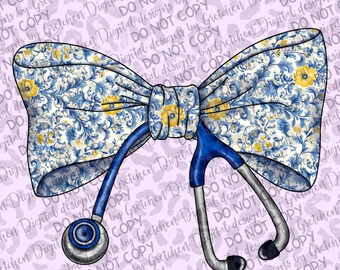 Cute blue and yellow floral coquette bow with stethoscope ribbons PNG digital download sublimation DTF DTG nurses doctors medical