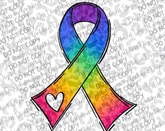 Rainbow cancer ribbon with heart PNG digital download sublimation cancer awareness