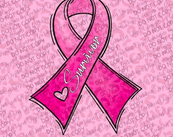 Pink cancer ribbon with heart “survivor” PNG digital download sublimation cancer awareness
