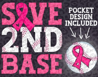 Guarde la segunda base de concientización sobre el cáncer de mama divertida con imagen de bolsillo PNG descarga digital sublimación DTF DTG cinta rosa béisbol