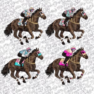 Hand drawn race horses with jockeys and silks Kentucky derby 4 PNGs included digital download sublimation DTF DTG
