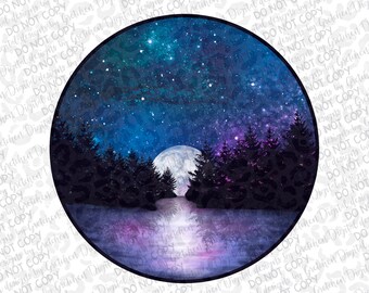 River and tree scape with bright moon PNG digital download sublimation