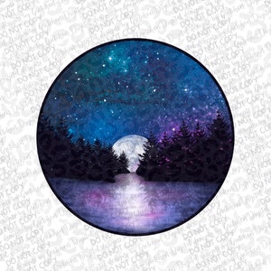 May include: A circular design featuring a night sky with a full moon and stars over a dark forest reflected in a still lake. The sky is a gradient of blue, purple, and teal with a watercolor effect.