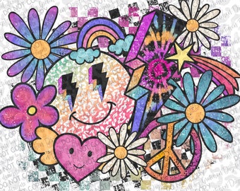 Retro lightning bolt smiley face daisy shooting star checker colorful PNG digital download sublimation