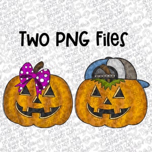 May include: Two digital files of Halloween jack-o'-lantern pumpkins. One pumpkin has a pink bow and the other has a blue baseball cap.