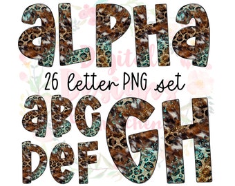 Alpha set Cowhide leopard and turquoise 26 PNG files digital download sublimation