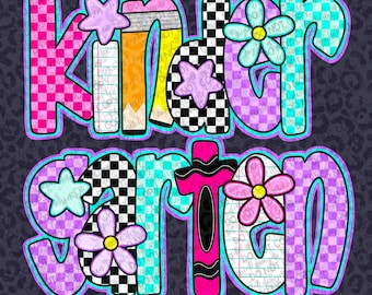 Kindergarten retro checkered daisies PNG digital download sublimation DTF Back to school teachers
