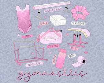 May include: Pink and white illustrated gymnastic equipment, including a balance beam, uneven bars, vault, leotard, chalk, gym bag, scrunchie, water bottle, and tape. The text "gymnastics" is written in pink letters.