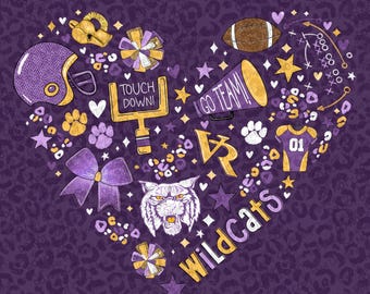 VR Wildcats purple and gold football heart design png digital download sublimation villa rica