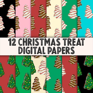 May include: Twelve digital papers featuring a repeating pattern of gingerbread Christmas trees with different colored backgrounds. The backgrounds include black, pink, red, cream, green, blue, and brown.