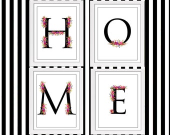 Home H O M E Floral Red Purple Pink Roses Letters Instant Digital Download Printable Wall Art Sign Signage