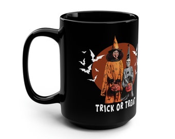 TRICK OR TREAT Black Halloween Mug 15 oz, Witchy mug, Skeleton mug, Vintage Halloween costume mug, Spooky mug, Witch gift, Halloween bats