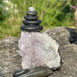 Stable Rise - Rock Cairn on Amethyst with Herkimer Diamond.