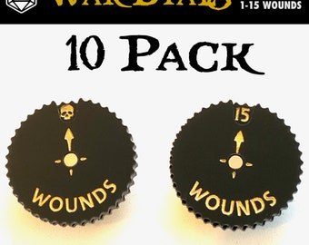 WarDials (lot de 10) trackers de plaies premium pour jeux de guerre sur table, 0-15 dégâts (AoS 40k KoW ASOIAF Malifaux + Kill Team compatible)