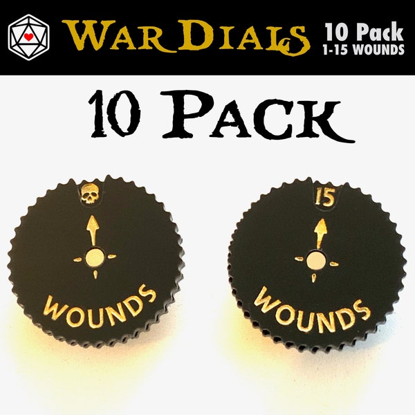 WarDials (paquete de 10) rastreadores de heridas premium para juegos de guerra de mesa, 0-15 daños (AoS 40k KoW ASOIAF Malifaux + compatible con Kill Team)