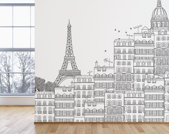 Paris Coloring Book Wallpaper, Giant Coloring Book, Paris Mural, Coloring Book Mural, Doodle Wall Mural Paris, Peel and Stick Mural