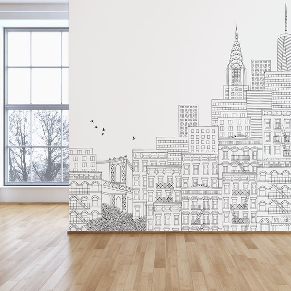 NYC Coloring Book Wallpaper, Giant Coloring Book, NYC Mural, Coloring Book Mural, Doodle Wall Mural NYC, Peel and Stick Mural