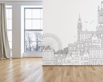 London Coloring Book Wallpaper, Giant Coloring Book, London Mural, Coloring Book Mural, Doodle Wall Mural London, Peel and Stick Mural