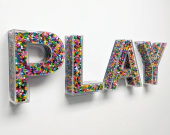 Fillable PLAY Letters, 3 Sizes, Acrylic Fillable Letters, Playroom Decor, Acrylic Letters