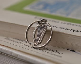 Ireland Cut Coin Necklace. 5 Pence, 1992-2000 | Gaelic Harp | Handmade | Folklore | Folk | Éire | Celtic | Irish | Silver Colour Pendant