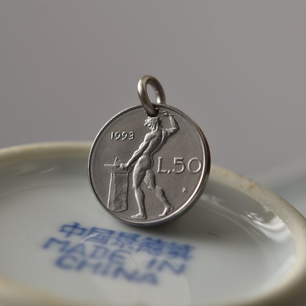 Italy Coin Necklace. 50 Lira, 1993. Vulcan, God of Fire | Hephaestus | Ancient Rome | Greek Mytholgy | Ancient Mythology | Silver Colour