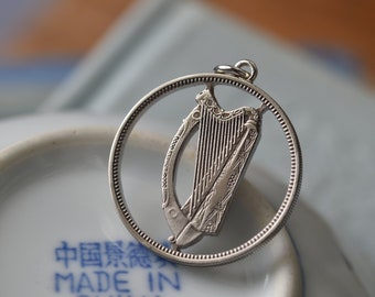 Ireland Cut Coin Necklace. 1 Florin, 1951-1968 | Gaelic Harp | Handmade | Folklore | Folk | Éire | Celtic | Irish | Silver Colour Pendant