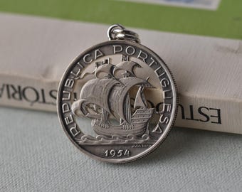 Handmade Portugal Silver Coin Necklace: 1954 Portuguese 10 Escudos Ship Pendant