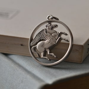 Greece Cut Coin Necklace. 5 Drachmai, 1973 | Pegasus | Horse | Ancient Greece | Greek Mythology | Silver Colour | Eco Friendly | Handmade