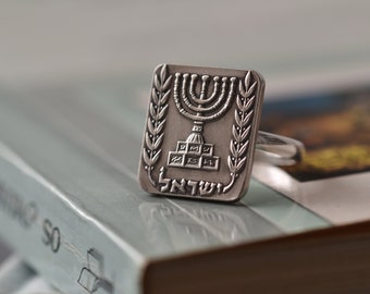 Menorah Ring Handmade with an Israel Coin | Sterling Silver Band | Silver Colour | US Size 7 3/4| Israeli | Judaica | Eco Friendly